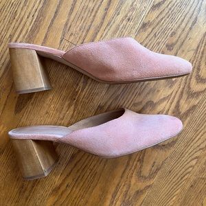 Madewell clogs heel, pink suede top, wood heel